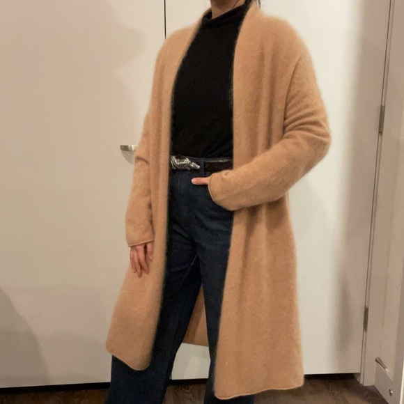 🦭Fuzzy Cashmere Long Coat Jacket Cardigan Tan Neutral m banana Republic duster - Picture 3 of 13